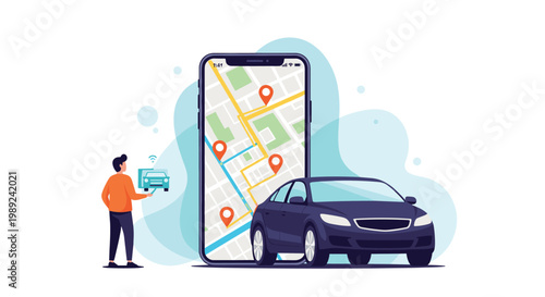 Ride-sharing and car tracking mobile app concept showing a vehicle next to a large smartphone displaying a city map with location pins.