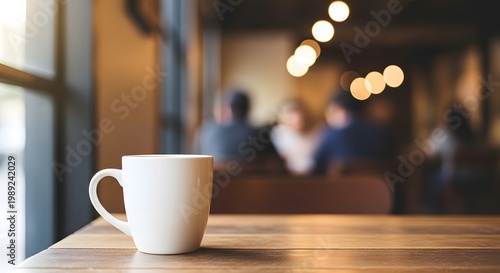 A solitary white coffee cup rests on a wooden table in a softly blurred cafe setting inviting contemplation