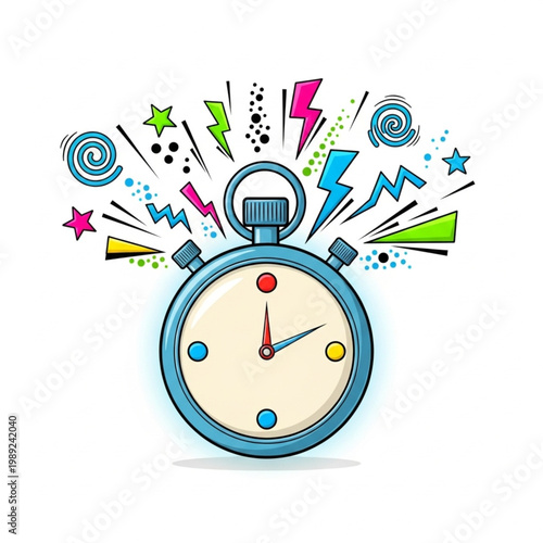 Stopwatch with colorful abstract shapes around.