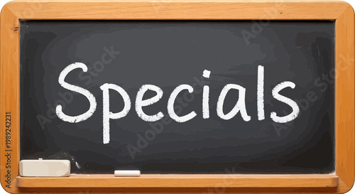 Specials sign written in white chalk on a black chalkboard with wooden frame, chalk and eraser