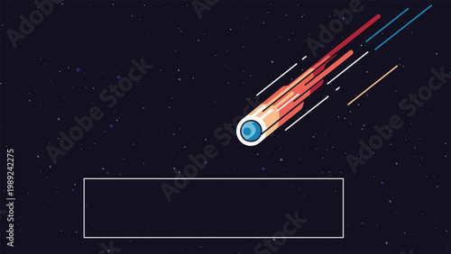Stylized illustration of a flaming comet or meteor streaking through a dark starry space with a blank white rectangular box for custom text below.
