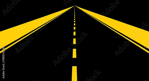 Minimalist highway road with yellow dashed lines and solid border lines on, conceptual journey and path to future illustration