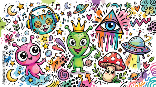 Psychedelic fantasy illustration, colorful aliens, cosmic doodles, rainbow motifs, surreal cat, whimsical mushroom, vibrant extraterrestrial cartoon artwork