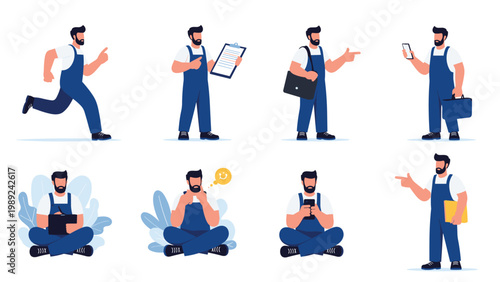 Set of a bearded repairman character in blue overalls performing different actions like running, checking a clipboard, and using a mobile phone.