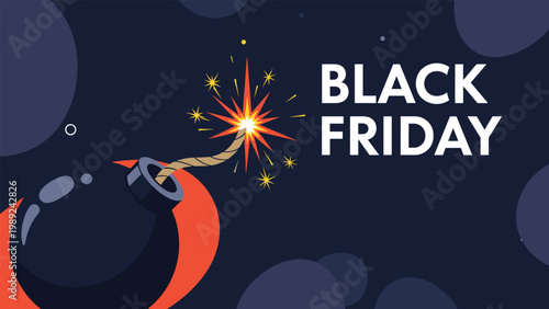 Creative Black Friday sale announcement featuring a lit black spherical bomb with a sparkling fuse against a dark navy background with bubbles.