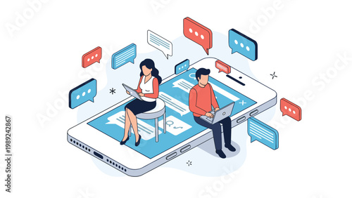 Isometric illustration of a man and woman using their mobile devices while sitting on a large smartphone surrounded by various chat bubbles.