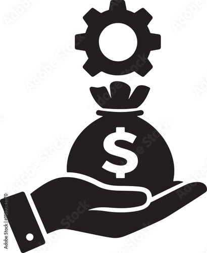 Hand holding money bag with gear icon representing investment and business growth
