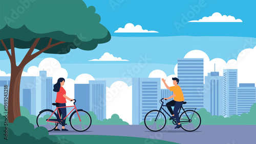 Man and woman riding bicycles along a path in a park with a large green tree and a modern city skyline background.