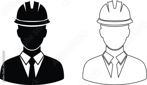Two black and white illustrations of a man wearing a construction helmet and suit