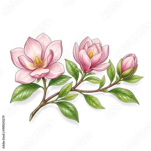 Pink magnolia flowers and green leaves on a branch  beautiful floral illustration