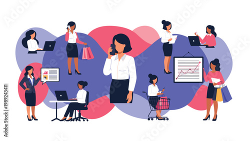 Multiple character illustrations of a modern businesswoman in a white shirt and skirt engaged in work and shopping tasks.