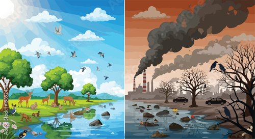 Environmental pollution comparison vector, clean nature versus industrial smog, climate change concept with green forest and toxic factory smoke