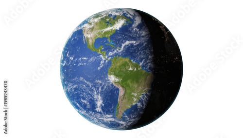 Detailed planet Earth showing North and South America, day and night hemispheres, with city lights visible, isolated for global concepts