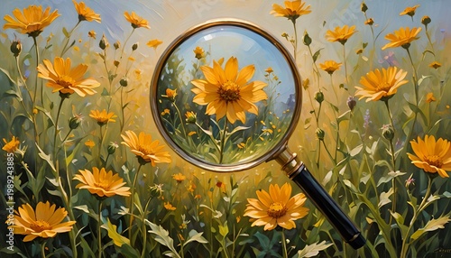 Yellow Wildflowers Through a Magnifying Glass in a Sunlit Field