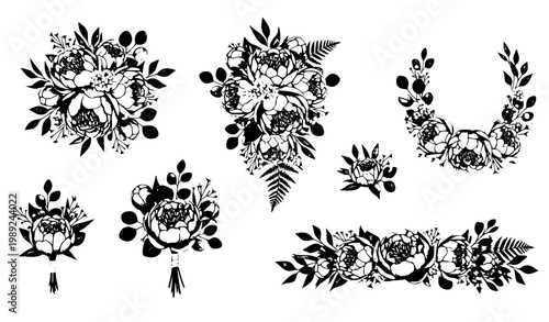 Watercolor peony bouquet vector set with eucalyptus greenery botanical floral arrangements isolated on white for wedding invitation design