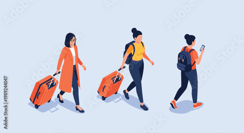 Three isometric views of female travelers walking with orange suitcases and backpacks while using a mobile phone on a trip.