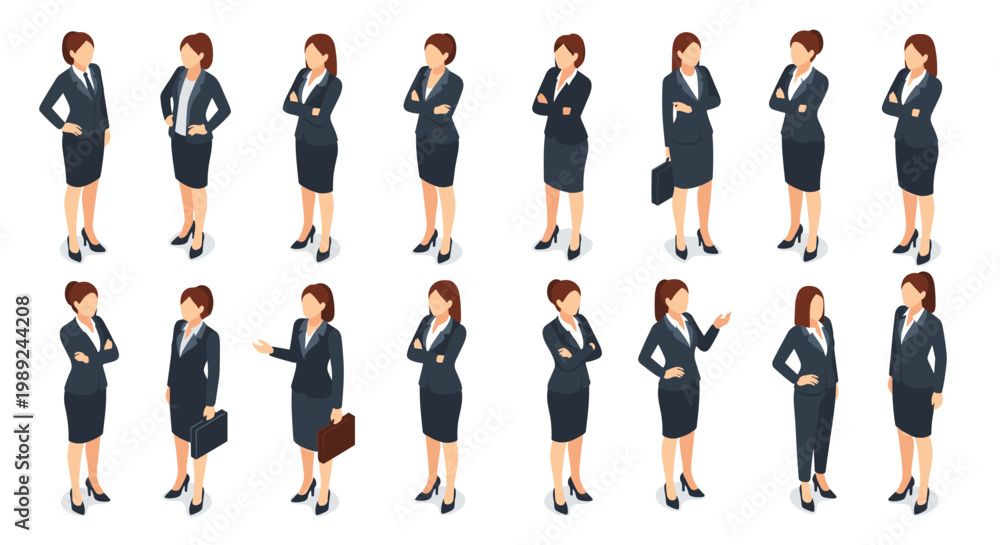 Obraz premium Set of sixteen isometric character designs featuring a businesswoman in a dark navy suit in various standing poses and gestures.