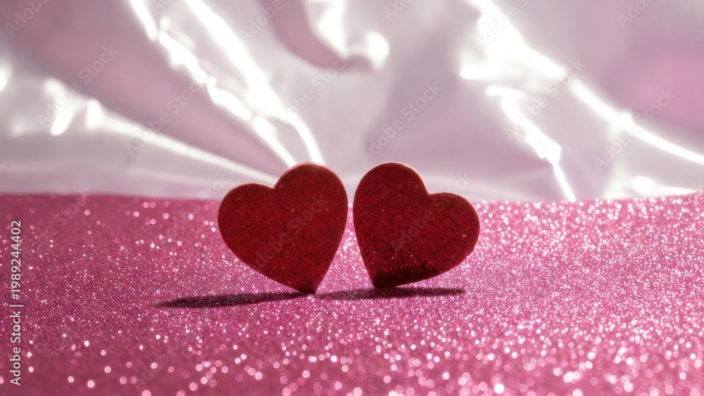 Fototapeta premium Two red hearts standing close on glittery pink surface