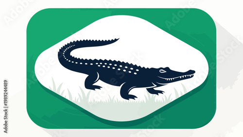 A green and white vector graphic of a crocodile silhouette icon