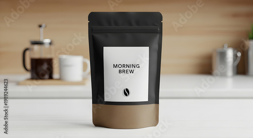 Coffee Bag Packaging Mockup on a Modern Kitchen Counter with French Press