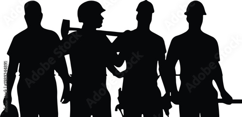 Construction workers silhouettes group with tools isolated on white background, professional builders team concept, industrial labor workforce, engineering maintenance and repair industry design