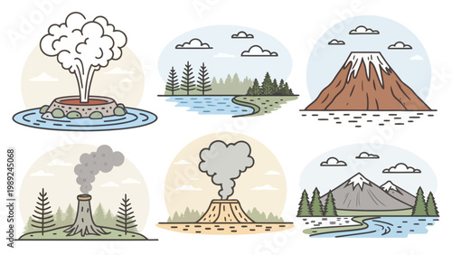 A vector graphic illustration of various volcanic landscapes and nature scenes in a flat minimal style silhouette