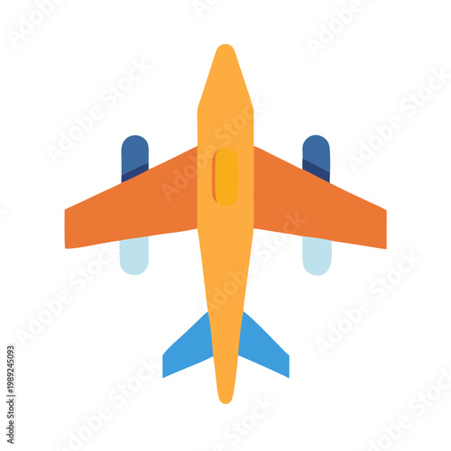 Top-down view of a simplified orange and blue airplane icon on black background