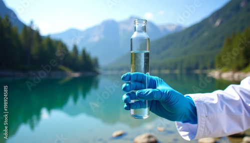 Tube of crystal clear water in hand of  latex-gloves laboratory assistant against backdrop of picturesque mountain lake. Test quality of water.