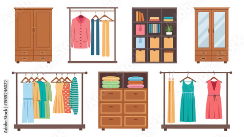 A collection of various wooden furniture pieces and clothing racks with hanging clothes and folded items
