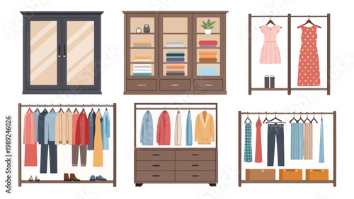 A collection of various clothing storage options and organizers for a modern closet