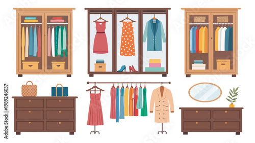A colorful illustration of various clothing items and accessories in a neatly organized closet with dressers and shelves.