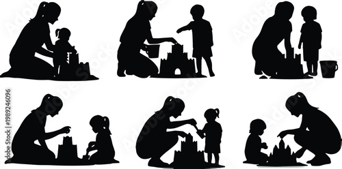 Set of black silhouettes featuring a mother playing with her young child, building sandcastles together at the beach, representing family summer vacation and childhood activities