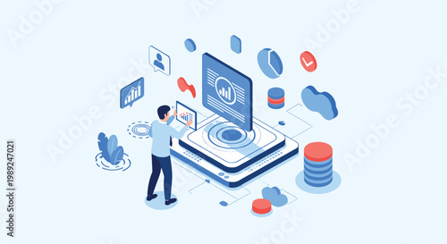 Concept of data processing and cloud computing with a professional managing interactive digital charts and server icons.
