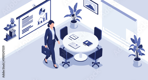 Professional businesswoman entering a modern office conference room prepared for a meeting or creative presentation.