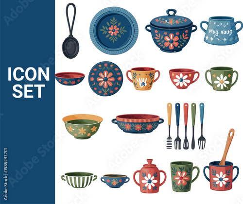 Colorful ceramic dishware icons, kitchen utensils, pottery set, 25 elements