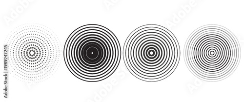 Black concentric circle set. Sonar or sound wave ring collection. Dotted and linear epicentre, target, radar icon concept. Ripple radial signal or vibration elements. Vector line and halftone symbols