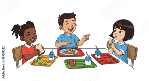 Diverse children enjoying lunch together at school, smiling and laughing