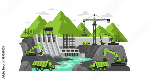 Hydroelectric Dam Construction Site with Heavy Machinery and Mountains