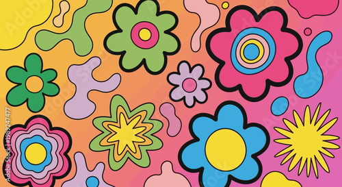 Retro Groovy Flower Power Pattern with Vibrant Psychedelic Colors