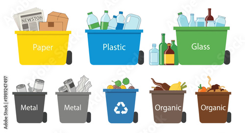 Recycling Bins For Different Waste Types: Paper, Plastic, Glass, Metal, Organic