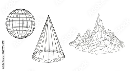 Wireframe 3D Geometric Shapes and Mountain Terrain Mesh