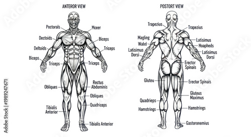 Anatomy Muscles Human Body - Anterior and Posterior View - Detailed Diagram