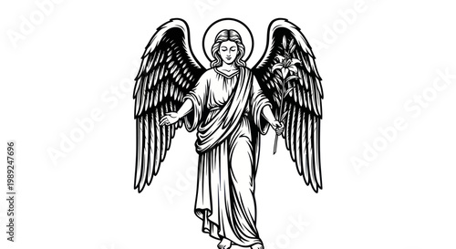 Angel with Lily Flower, Halo and Wings, Religious Art, Black and White Illustration