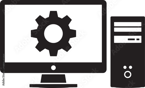 Computer monitor with gear icon on screen and desktop tower