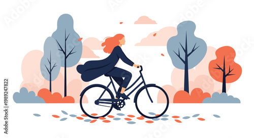 Woman with flowing red hair rides her bicycle through a beautiful autumn park with blue trees and falling orange leaves.