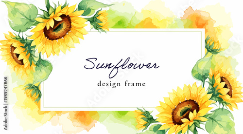 ひまわりの水彩フラワーフレーム背景｜夏に人気の向日葵を囲んだ明るく爽やかなボタニカルデザイン素材