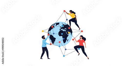 Diverse group of people working together to build and maintain a complex global network of connections across the world.