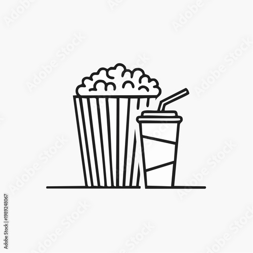 Line art illustration of a classic movie snack combo with popcorn and a soda drink.