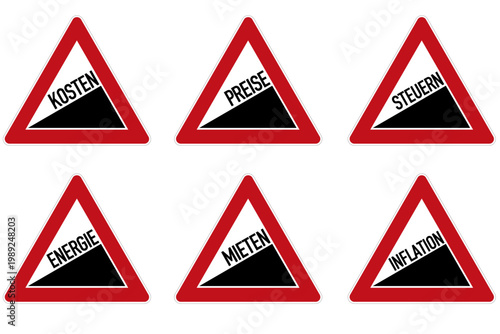 Verkehrszeichen Steigung als Symbol für Erhöhungen von Kosten in verschiedenen Lebensbereichen