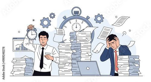 Overwhelmed businessmen struggling with massive stacks of paperwork under the pressure of a giant ticking stopwatch.